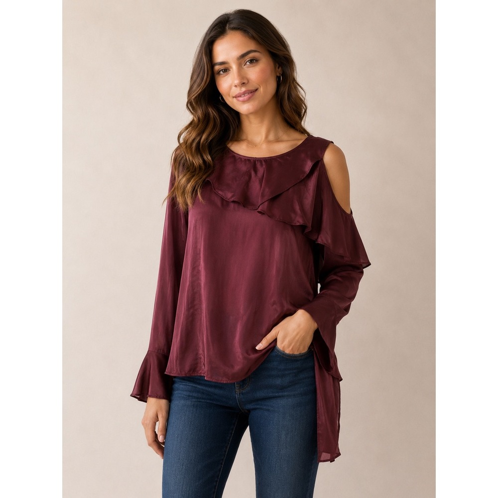 Gold Hawk Burgundy 100% Silk Cold Shoulder Ruffle Bell Sleeve Blouse Size M NWT